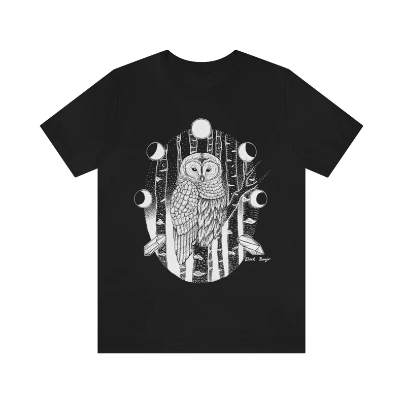 Barred Owl T-Shirt: Moon Phases & Birch Tree Design - Image 2