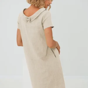 Linen Dress, Women's Clothing, Minimalist Dress With Short Sleeves, Linen Clothing, Modest Linen Dress With Back Ribbon, Beige Dress