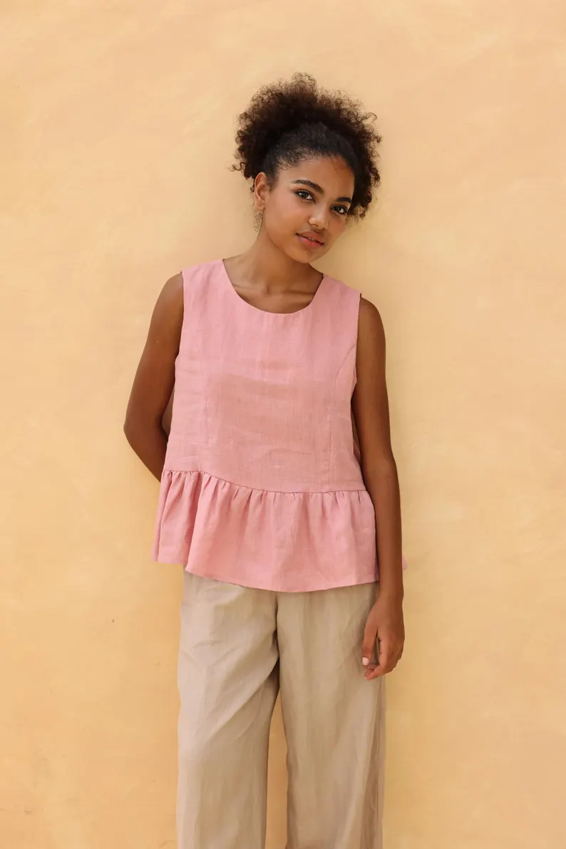 Sleeveless ruffle hem linen top HEIDI, Casual top, Custom fit - Image 3