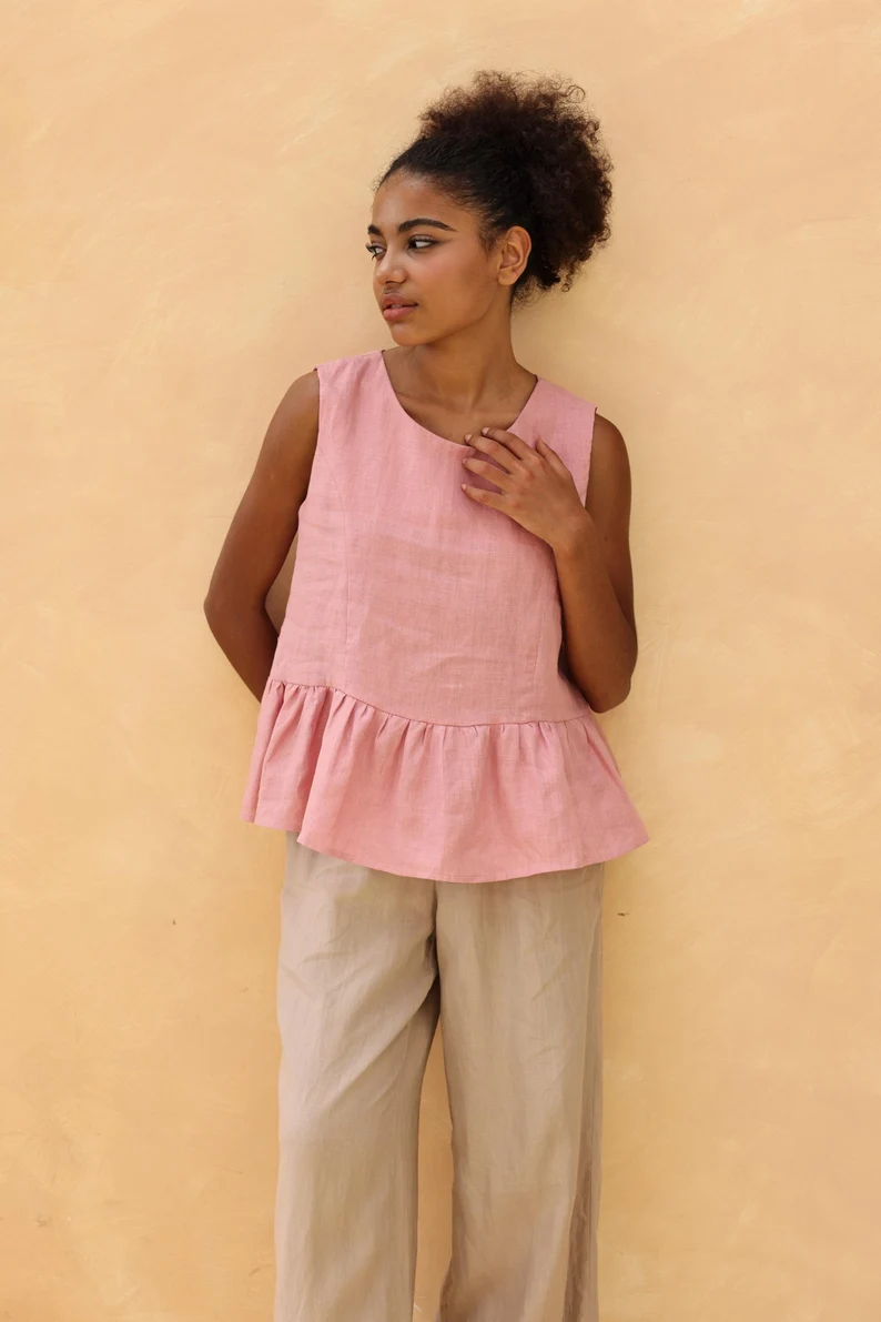 Sleeveless ruffle hem linen top HEIDI, Casual top, Custom fit