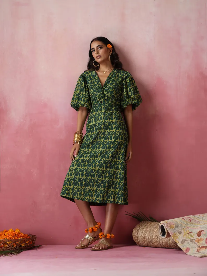 Green floral leaf printed cotton midi dress- block printed - Image 5