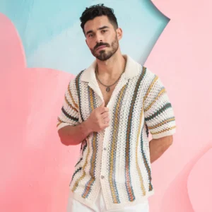White Handmade Crochet Men Shirt, Bohemian Granny Square Sweater, Vintage Ethnic Oversize Summer Beach Shirt, Colorful Knit Men's Clothing
