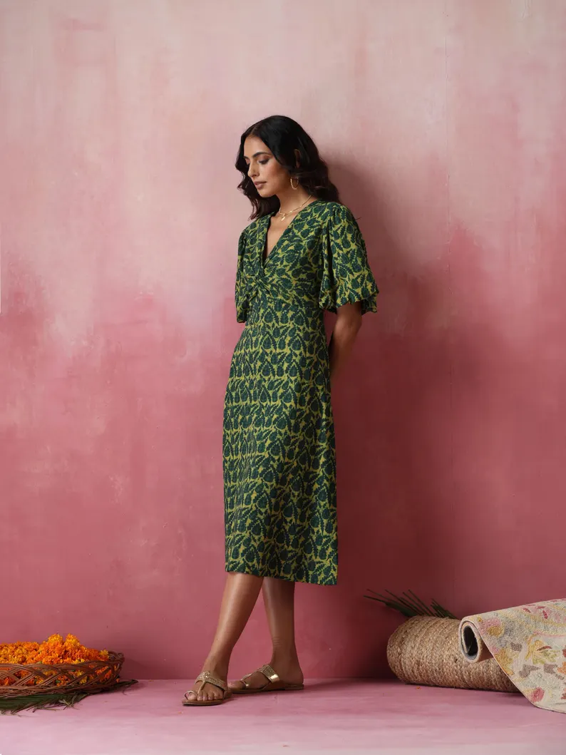 Green floral leaf printed cotton midi dress- block printed - Image 4