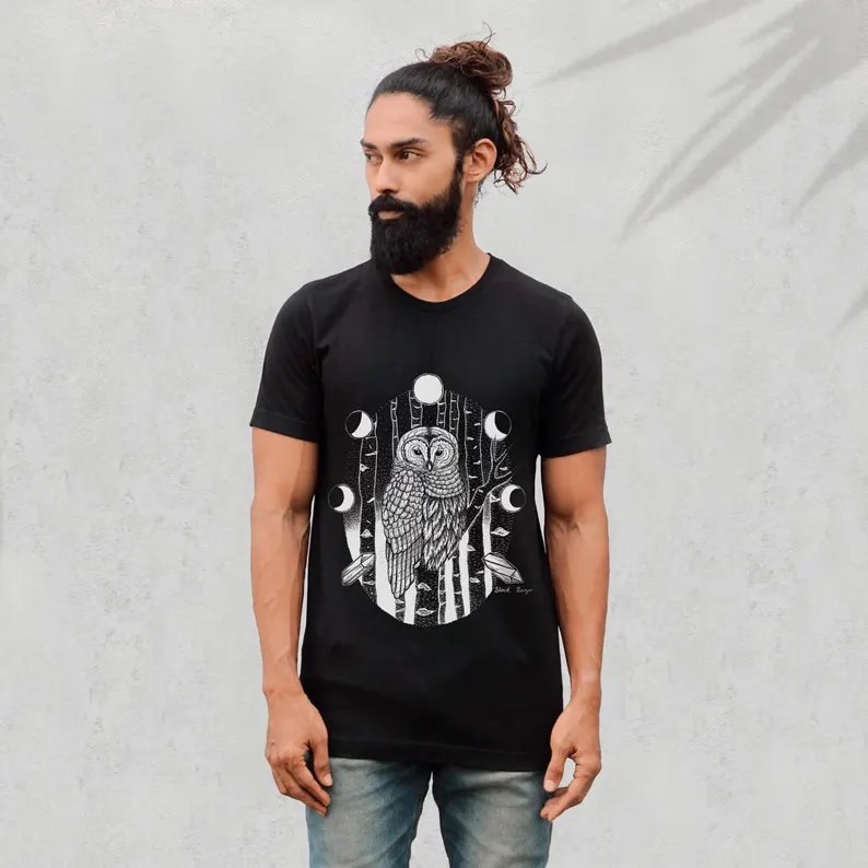 Barred Owl T-Shirt: Moon Phases & Birch Tree Design - Image 5