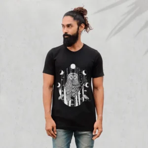 Barred Owl T-Shirt: Moon Phases & Birch Tree Design