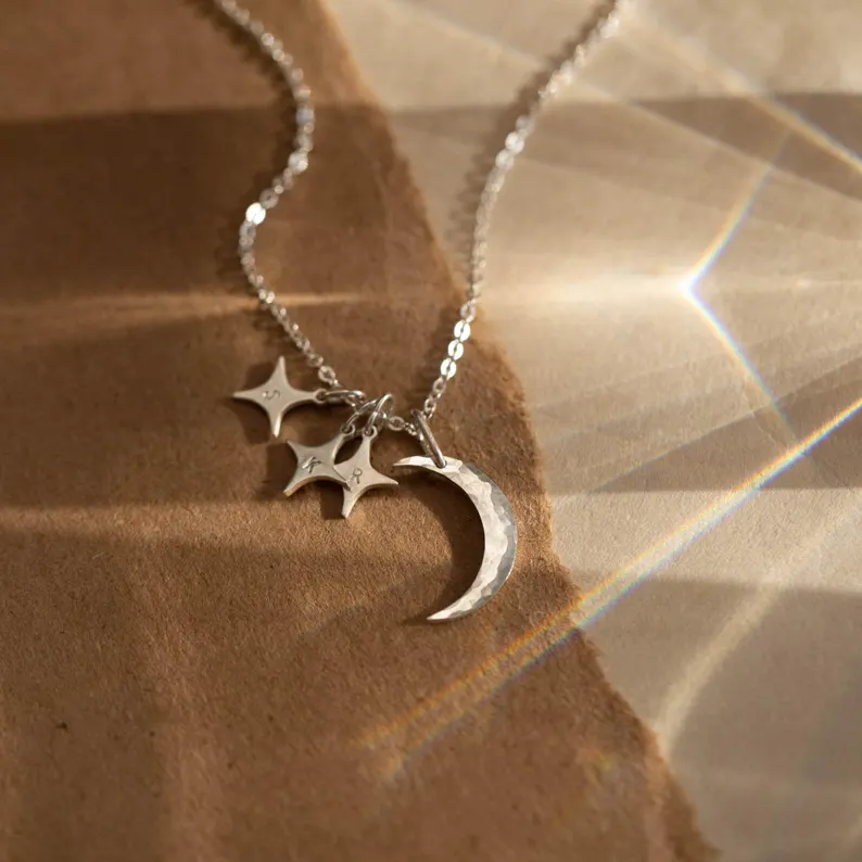 Crescent Moon and Stars Necklace, Personalized Initial Pendants, Custom Celestial Necklace | 14k Gold Fill, Sterling Silver | GNV_0231 - Image 2