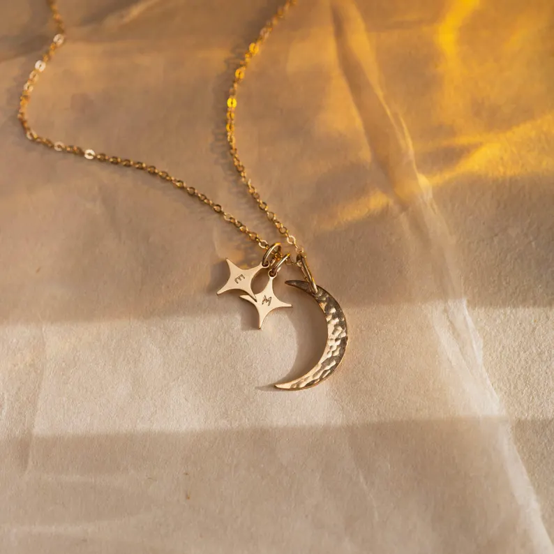 Crescent Moon and Stars Necklace, Personalized Initial Pendants, Custom Celestial Necklace | 14k Gold Fill, Sterling Silver | GNV_0231 - Image 6
