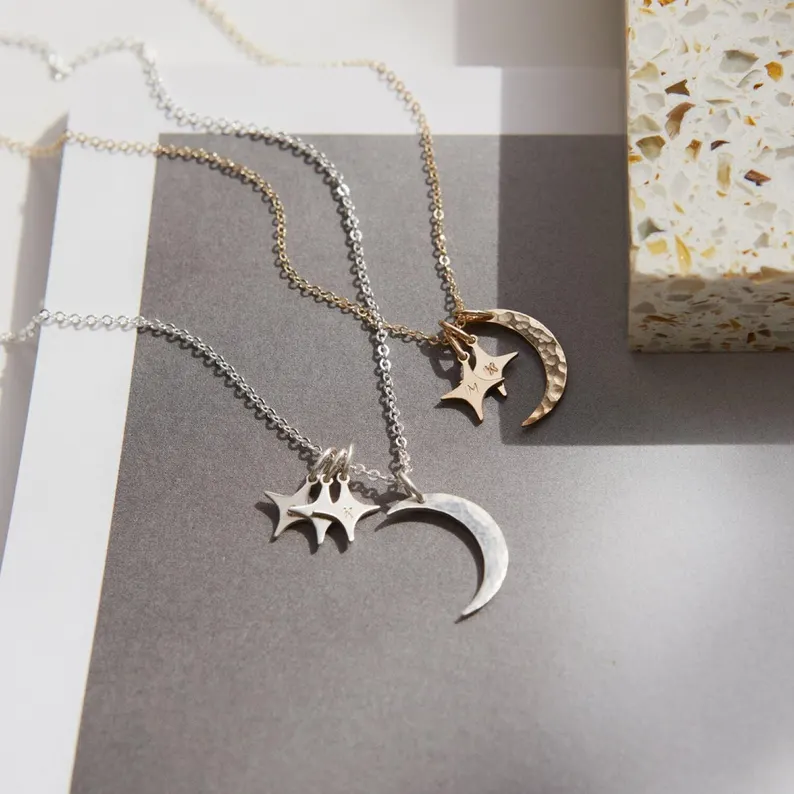 Crescent Moon and Stars Necklace, Personalized Initial Pendants, Custom Celestial Necklace | 14k Gold Fill, Sterling Silver | GNV_0231 - Image 5