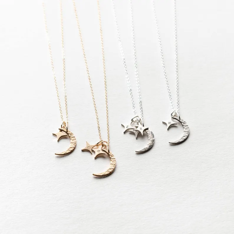 Crescent Moon and Stars Necklace, Personalized Initial Pendants, Custom Celestial Necklace | 14k Gold Fill, Sterling Silver | GNV_0231 - Image 4