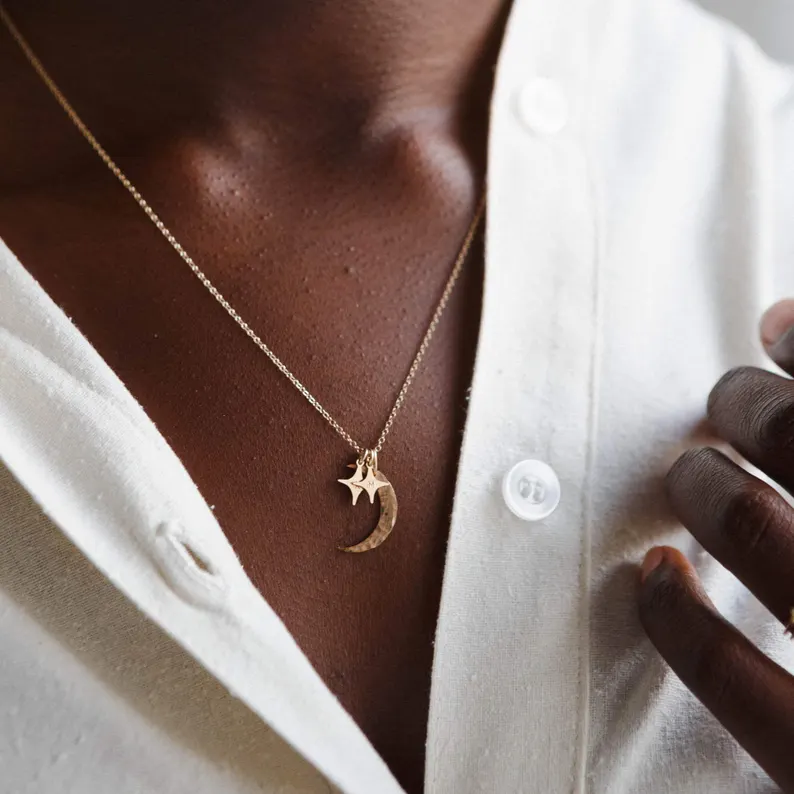 Crescent Moon and Stars Necklace, Personalized Initial Pendants, Custom Celestial Necklace | 14k Gold Fill, Sterling Silver | GNV_0231 - Image 3